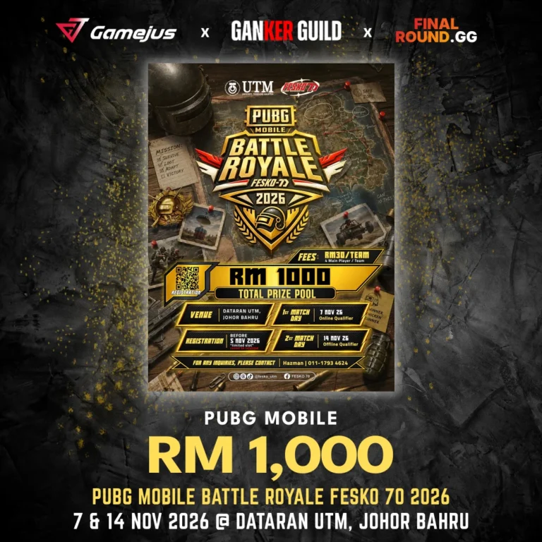 GAMEJUS X GANKER GUILD X FINAL ROUND.GG PUBG MOBILE RM 1,000 PUBG MOBILE BATTLE ROYALE FESKO 70 2026 7 & 14 NOV 2026 @ DATARAN UTM, JOHOR BAHRU