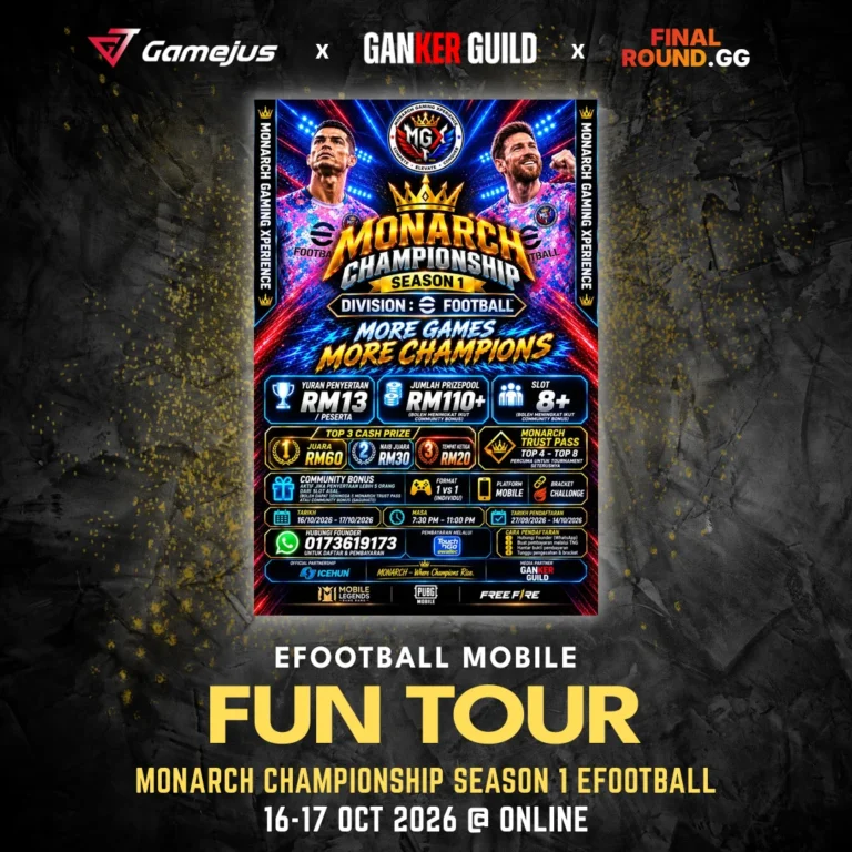 MONARCH CHAMPIONSHIP SEASON 1 EFOOTBALL GAMEJUS X GANKER GUILD X FINAL ROUND.GG EFOOTBALL MOBILE FUN TOUR MONARCH CHAMPIONSHIP SEASON 1 EFOOTBALL 16-17 OCT 2026 @ ONLINE