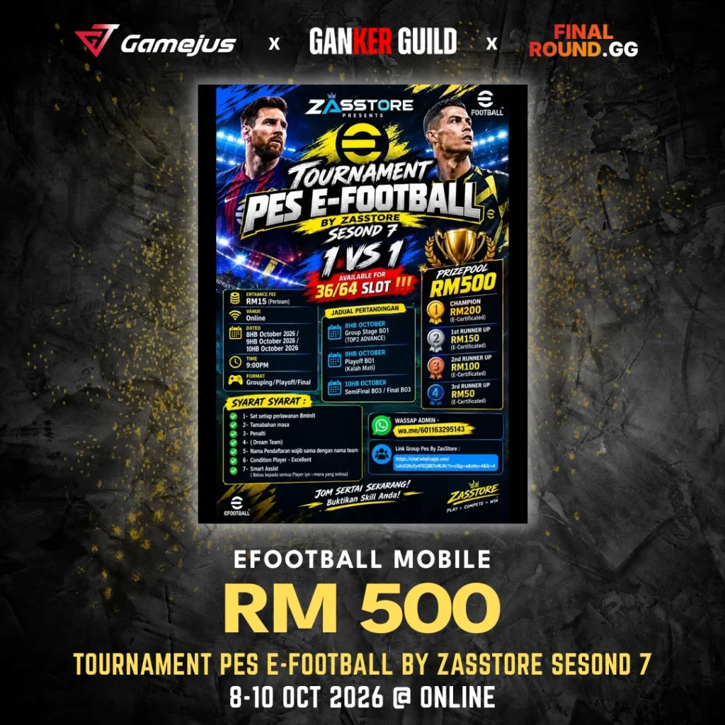 GAMEJUS X GANKER GUILD X FINAL ROUND.GG EFOOTBALL MOBILE RM 500 TOURNAMENT PES E-FOOTBALL BY ZASSTORE SESOND 7 8-10 OCT 2026 @ ONLINE