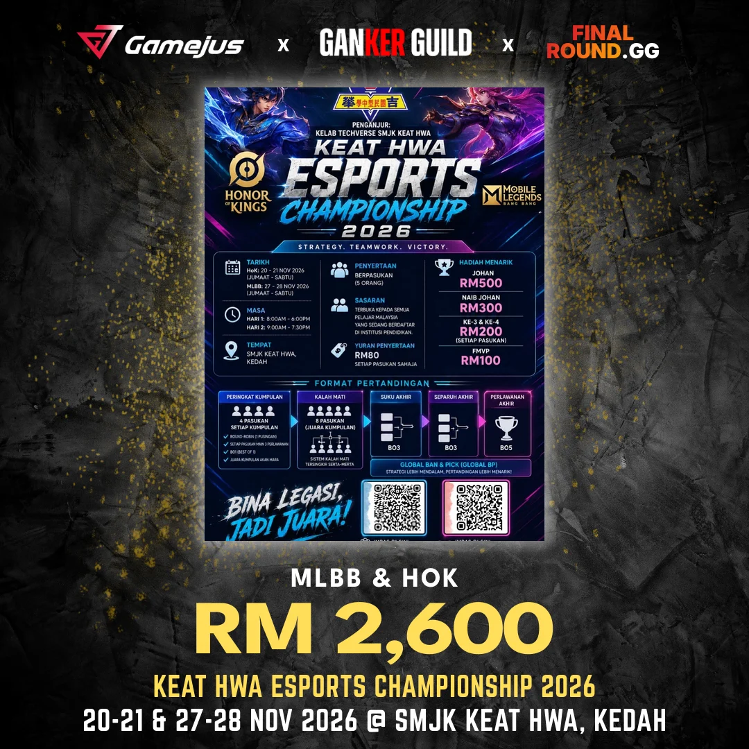 KEAT HWA ESPORTS CHAMPIONSHIP 2026 GAMEJUS X GANKER GUILD X FINAL ROUND.GG MLBB & HOK RM 2,600 KEAT HWA ESPORTS CHAMPIONSHIP 2026 20-21 & 27-28 NOV 2026 @ SMJK KEAT HWA, KEDAH