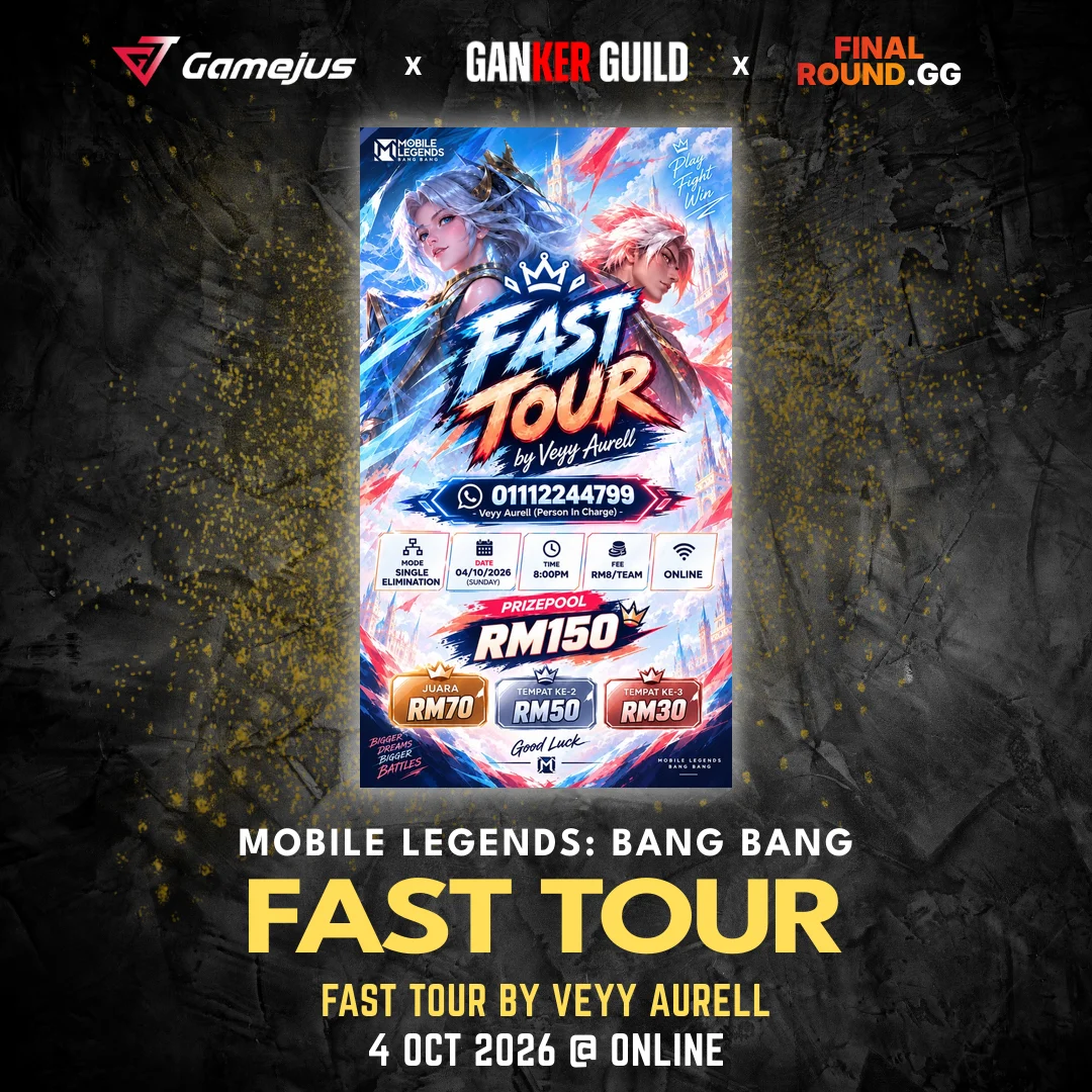 FAST TOUR BY VEYY AURELL (Past) GAMEJUS X GANKER GUILD X FINAL ROUND.GG MOBILE LEGENDS BANG BANG FAST TOUR FAST TOUR BY VEYY AURELL 4 OCT 2026 @ ONLINE