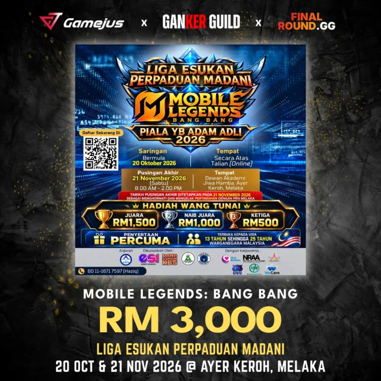GAMEJUS X GANKER GUILD X FINAL ROUND.GG MOBILE LEGENDS BANG BANG RM 3,000 LIGA ESUKAN PERPADUAN MADANI 20 OCT & 21 NOV 2026 @ AYER KEROH, MELAKA