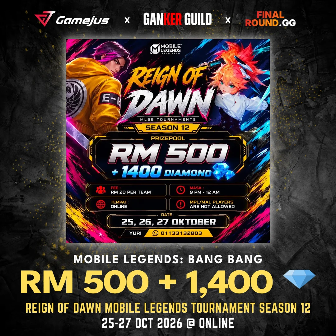 GAMEJUS X GANKER GUILD X FINAL ROUND.GG MOBILE LEGENDS BANG BANG RM 500 + 1,400 REIGN OF DAWN MOBILE LEGENDS TOURNAMENT SEASON 12 25-27 OCT 2026 @ ONLINE
