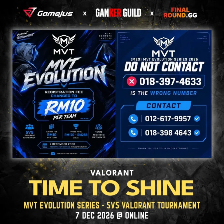 MVT EVOLUTION SERIES - 5V5 VALORANT TOURNAMENT GAMEJUS X GANKER GUILD X FINAL ROUND.GG VALORANT TIME TO SHINE MVT EVOLUTION SERIES - 5V5 VALORANT TOURNAMENT 7 DEC 2026 @ ONLINE